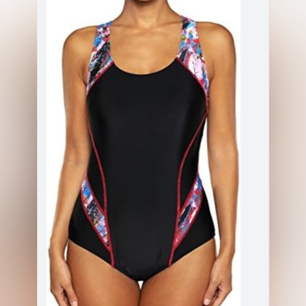 Women's One Piece Sports Swimsuits Athletic Racer Back Color Black Size 3XL